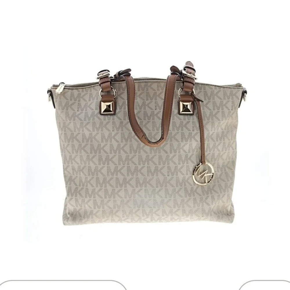 Michael Kors Signature MK Monogram Tote Bag Beige Brown Leather Accents‎ - Picture 3 of 4